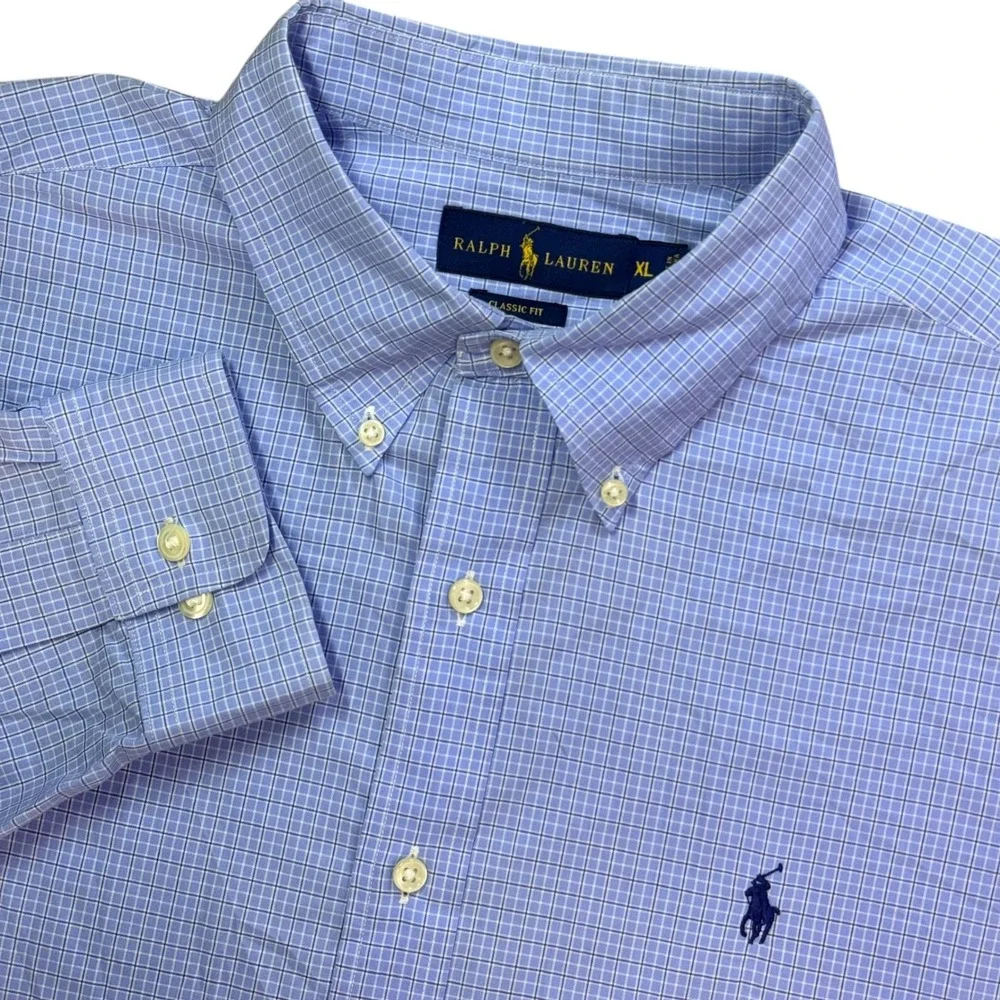 Ralph Lauren Button Down‎ Shirt Men XL Blue Micro Check Classic Fit Pony Preppy